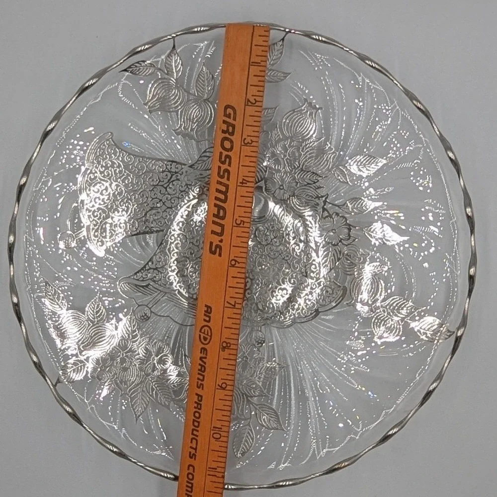 Vintage Glass Cake Stand Silver Overlay Wedding Bells Floral Ruffled 11.5in